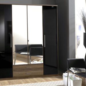 MILANO BLACK GLOSS AND WALNUT 4 DOOR 2 DRAWER WARDROBE