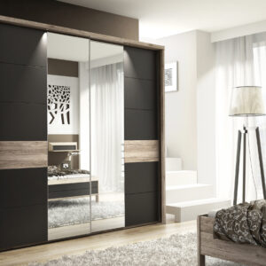 MOCHA LARGE SLIDING MIRRORED WARDROBE 220CM BLACK & OAK